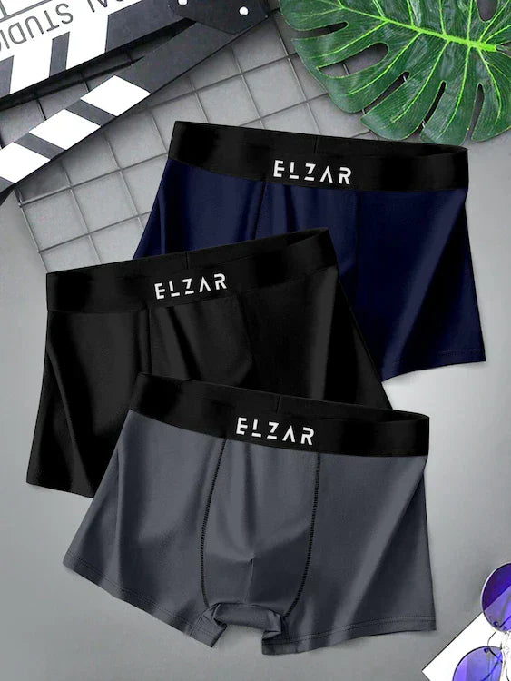 ELZAR Men's Extra Thin Elastic Underwear Long Comfortable Breathable Comfort Boxer Brief Nylon Material(Pack Of 3, Multicolor)
