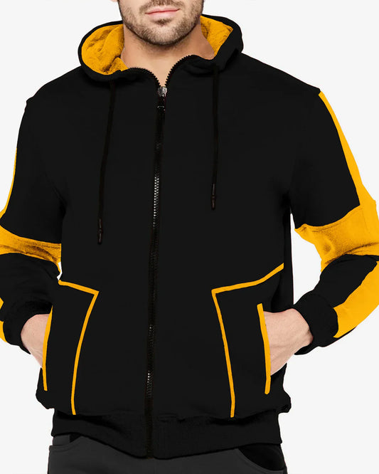 Men Black Yellow Contrast Casual Hooded Jacket