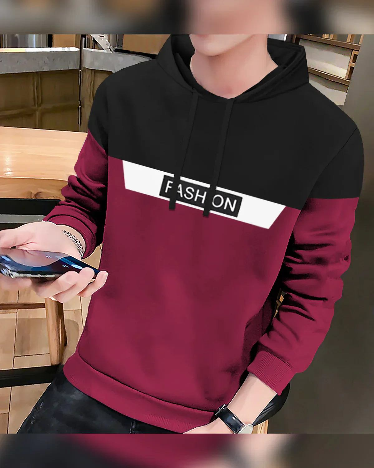 men Black Maroon Hooded tshirt