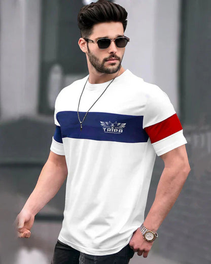 Men White Striped Round Neck T-shirt