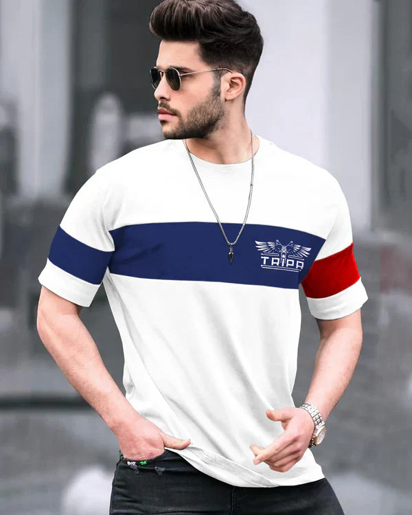 Men White Striped Round Neck T-shirt