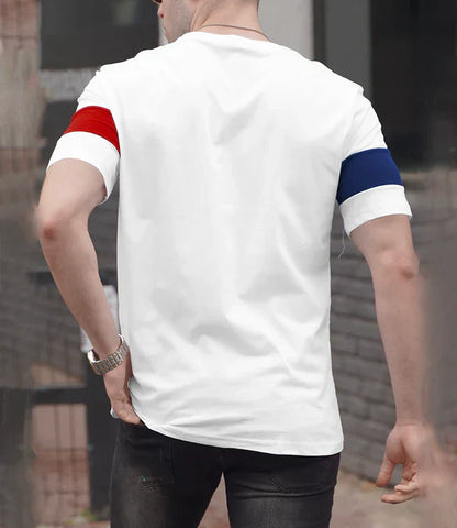 Men White Striped Round Neck T-shirt