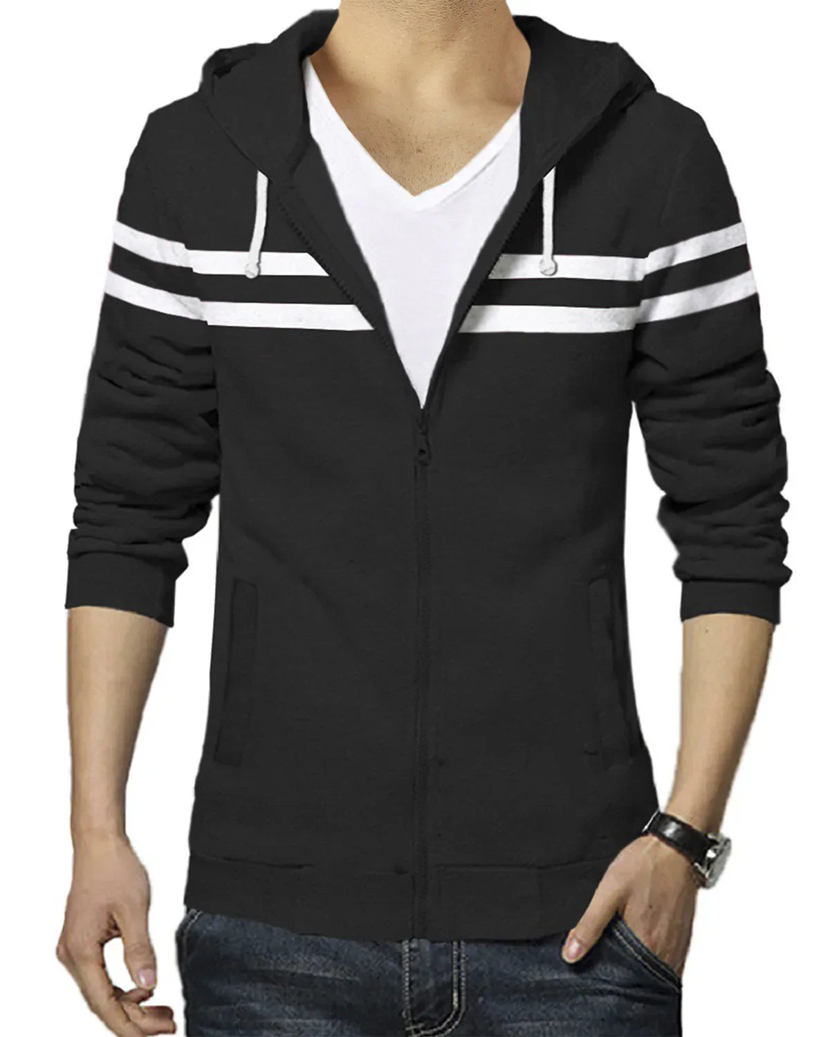 Hooded Black White Striped Men Winter Jacket