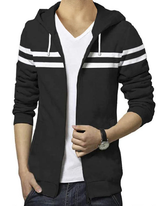 Hooded Black White Striped Men Winter Jacket