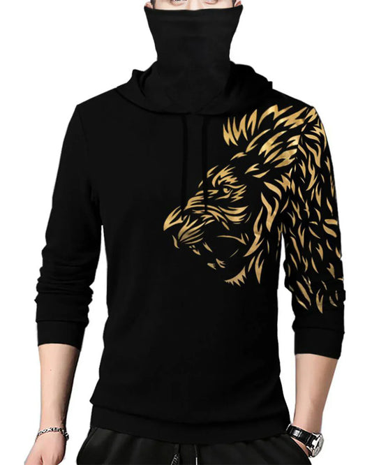 Lion Printed Men Black Sweatshirt with Mask