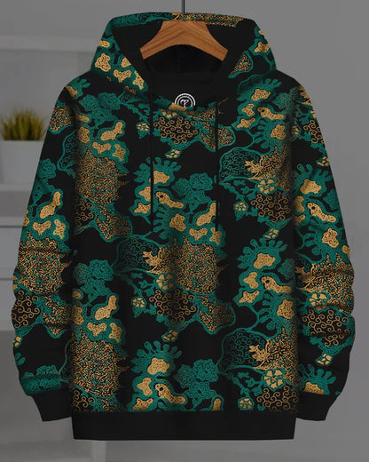 Men Black Floral Printed Hooded Sweatshirt