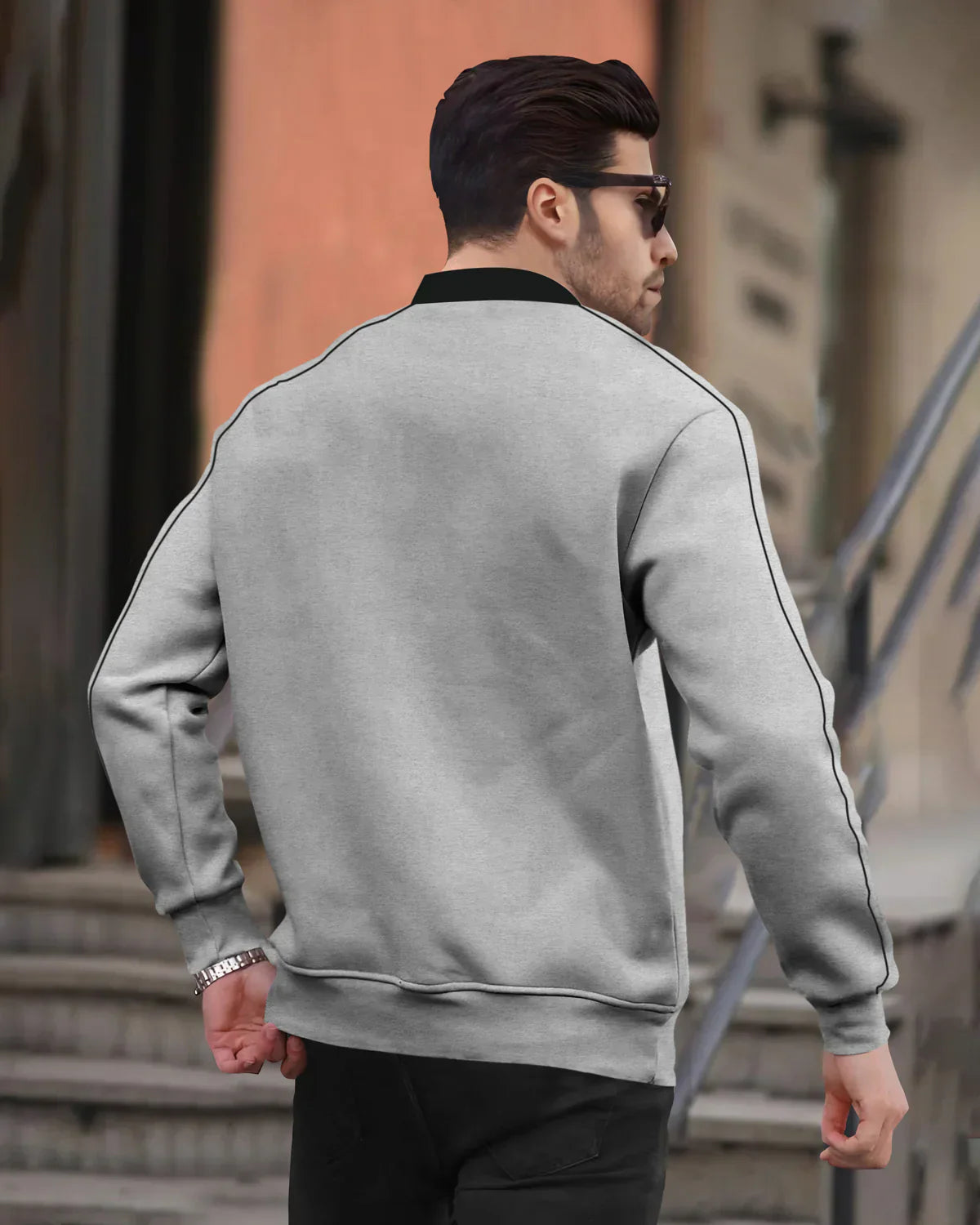 Henley Neck Grey Black Contrast Sweatshirt - No Hood