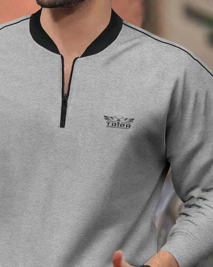 Henley Neck Grey Black Contrast Sweatshirt - No Hood