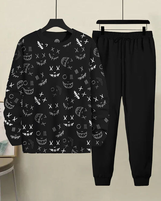 Men Tracksuit Set | Black PRinted Full Sleeve Tshirt | Solid Black Trackpant